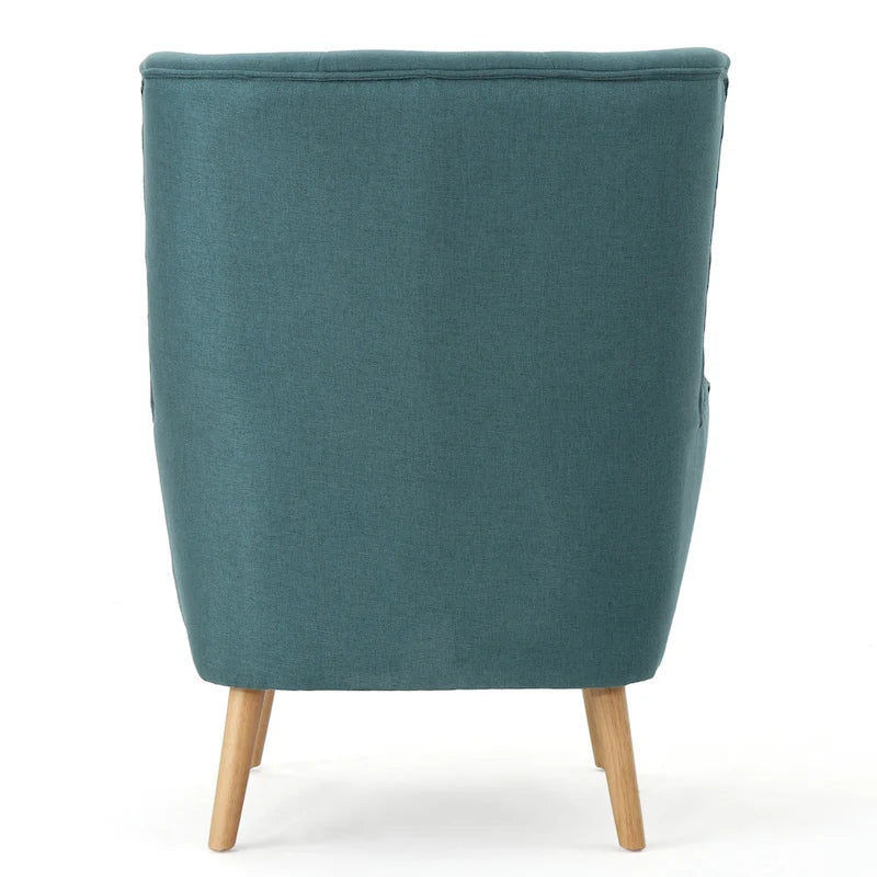 Poltrona singola in tessuto con bottoni a capitonné, schienale alto e ali laterali, nei colori grigio, verde acqua e grano