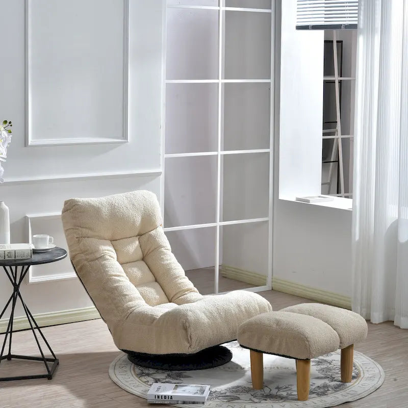 Poltrona reclinabile girevole Boucle Beige con poggiapiedi, poggiatesta e schienale regolabili - 1 posto