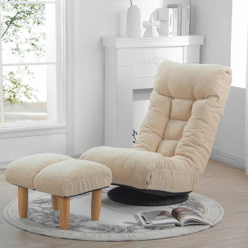 Poltrona reclinabile girevole Boucle Beige con poggiapiedi, poggiatesta e schienale regolabili - 1 posto