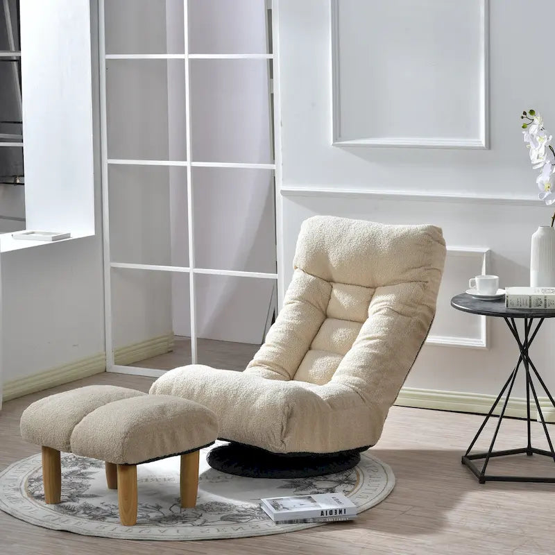 Poltrona reclinabile girevole Boucle Beige con poggiapiedi, poggiatesta e schienale regolabili - 1 posto