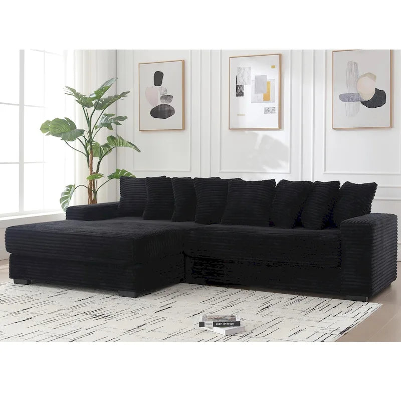 Divano Sezionale a L in Velluto a Coste con Chaise Longue a Sinistra – Nero / Grigio / Beige / Verde, 3 Posti
