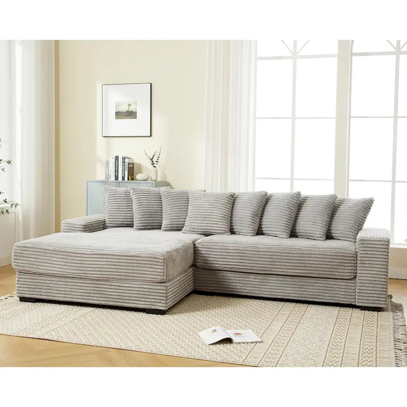 Divano Sezionale a L in Velluto a Coste con Chaise Longue a Sinistra – Nero / Grigio / Beige / Verde, 3 Posti