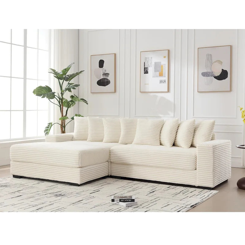 Divano Sezionale a L in Velluto a Coste con Chaise Longue a Sinistra – Nero / Grigio / Beige / Verde, 3 Posti
