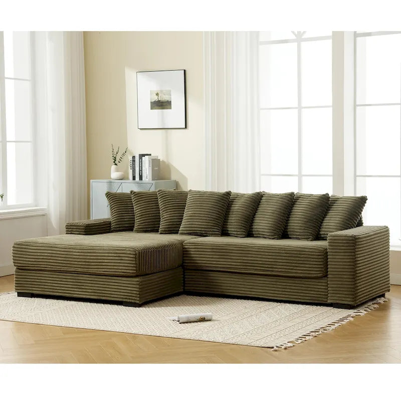 Divano Sezionale a L in Velluto a Coste con Chaise Longue a Sinistra – Nero / Grigio / Beige / Verde, 3 Posti