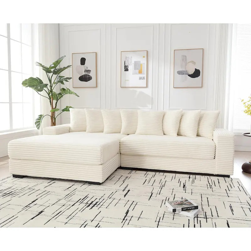 Divano Sezionale a L in Velluto a Coste con Chaise Longue a Sinistra – Nero / Grigio / Beige / Verde, 3 Posti