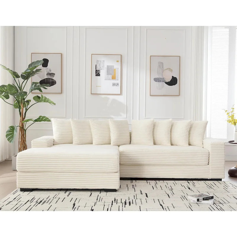 Divano Sezionale a L in Velluto a Coste con Chaise Longue a Sinistra – Nero / Grigio / Beige / Verde, 3 Posti