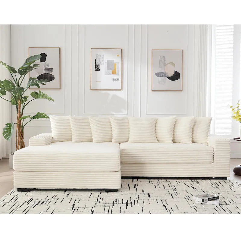 Divano Sezionale a L in Velluto a Coste con Chaise Longue a Sinistra – Nero / Grigio / Beige / Verde, 3 Posti