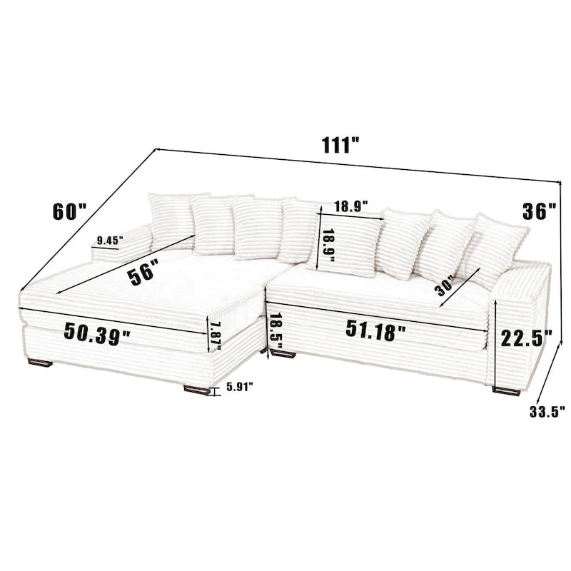 Divano Sezionale a L in Velluto a Coste con Chaise Longue a Sinistra – Nero / Grigio / Beige / Verde, 3 Posti