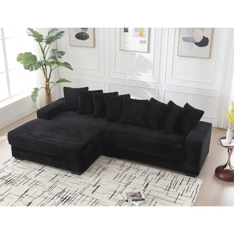 Divano Sezionale a L in Velluto a Coste con Chaise Longue a Sinistra – Nero / Grigio / Beige / Verde, 3 Posti