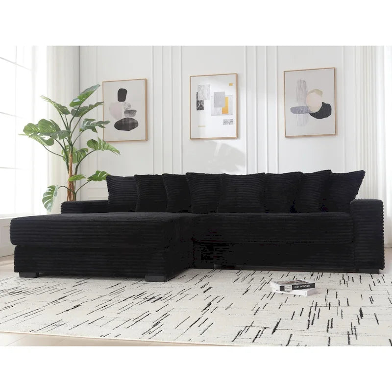 Divano Sezionale a L in Velluto a Coste con Chaise Longue a Sinistra – Nero / Grigio / Beige / Verde, 3 Posti