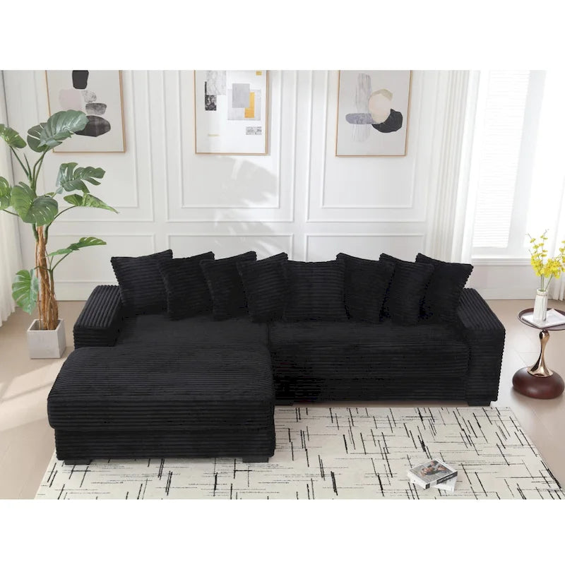 Divano Sezionale a L in Velluto a Coste con Chaise Longue a Sinistra – Nero / Grigio / Beige / Verde, 3 Posti