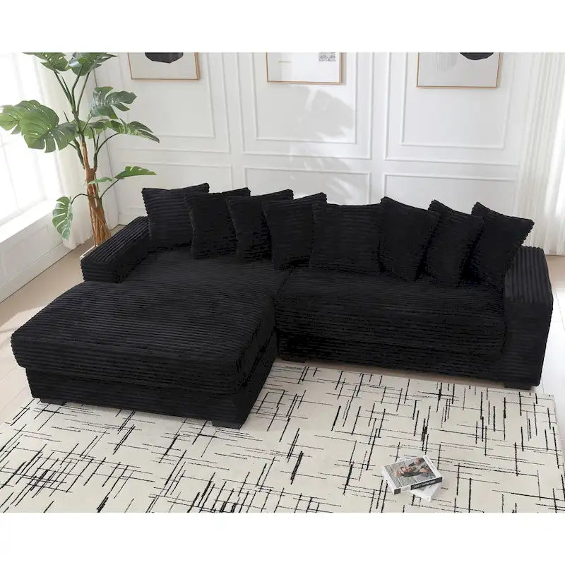 Divano Sezionale a L in Velluto a Coste con Chaise Longue a Sinistra – Nero / Grigio / Beige / Verde, 3 Posti