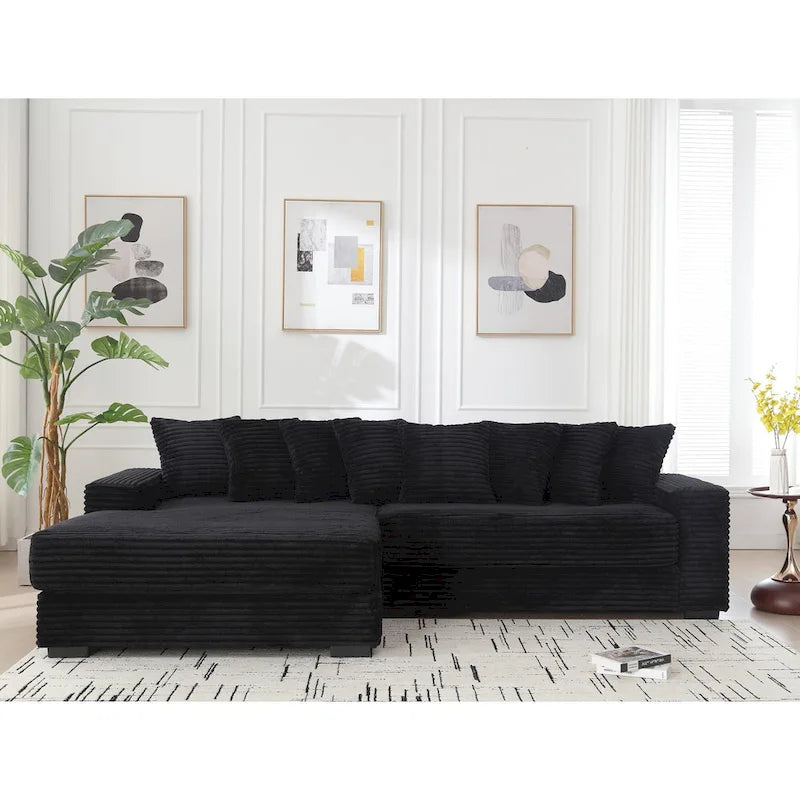 Divano Sezionale a L in Velluto a Coste con Chaise Longue a Sinistra – Nero / Grigio / Beige / Verde, 3 Posti