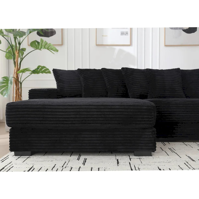 Divano Sezionale a L in Velluto a Coste con Chaise Longue a Sinistra – Nero / Grigio / Beige / Verde, 3 Posti