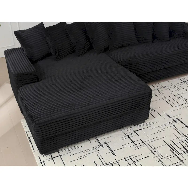 Divano Sezionale a L in Velluto a Coste con Chaise Longue a Sinistra – Nero / Grigio / Beige / Verde, 3 Posti