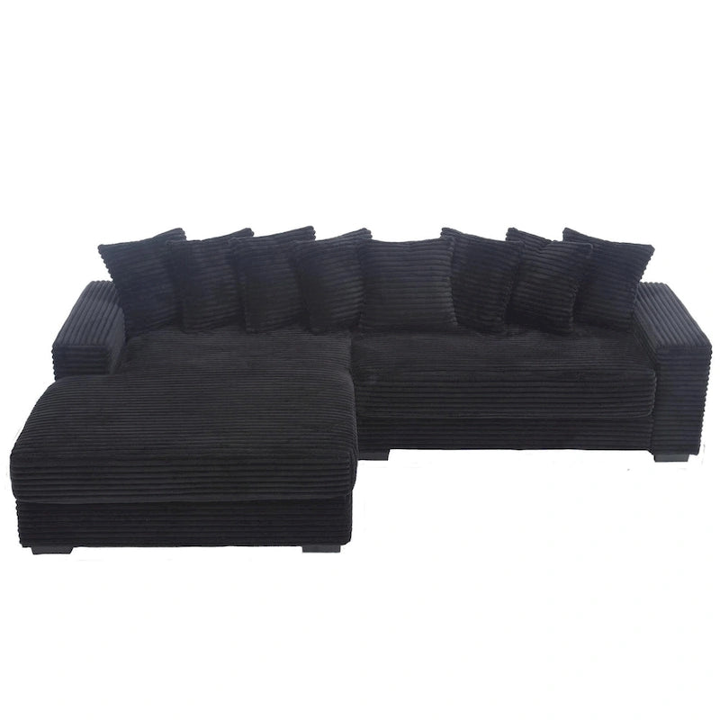 Divano Sezionale a L in Velluto a Coste con Chaise Longue a Sinistra – Nero / Grigio / Beige / Verde, 3 Posti