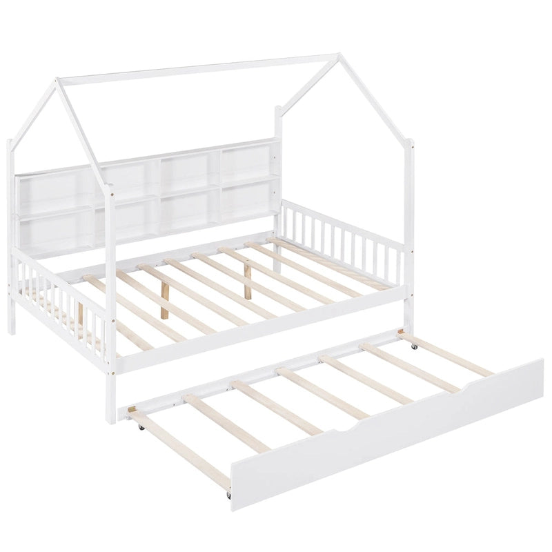 Letto a casetta bianco per bambini con letto estraibile e ripiano – 2 posti letto