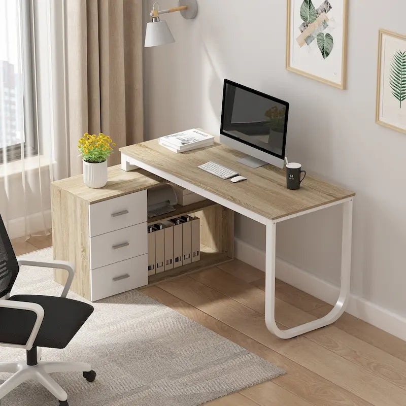Scrivania a L per computer da 55" con cassetti – Rovere / Grigio marrone / Marrone scuro / Nero / Bianco, 1 persona