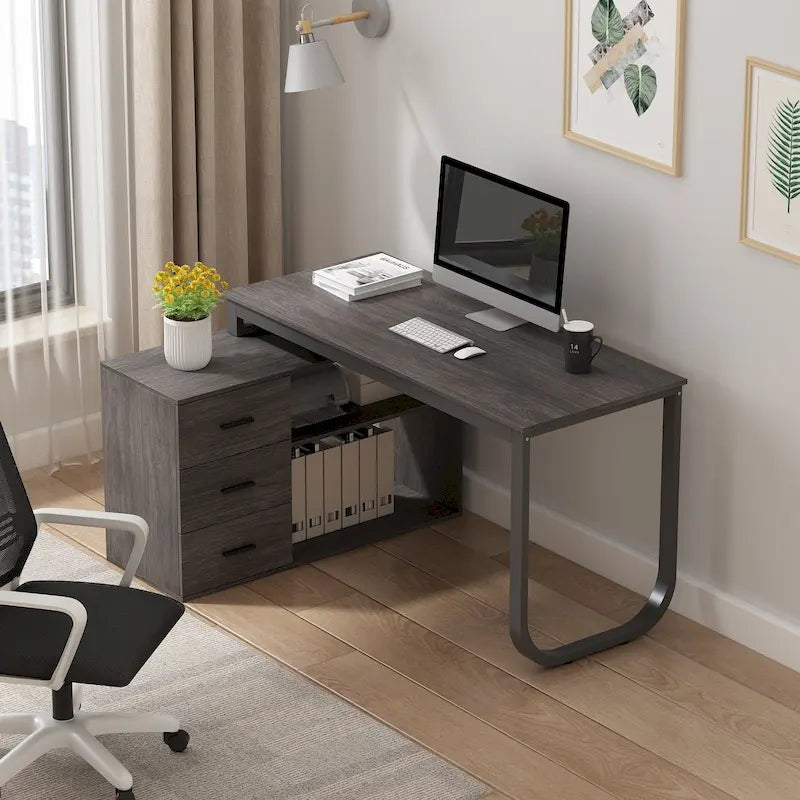 Scrivania a L per computer da 55" con cassetti – Rovere / Grigio marrone / Marrone scuro / Nero / Bianco, 1 persona
