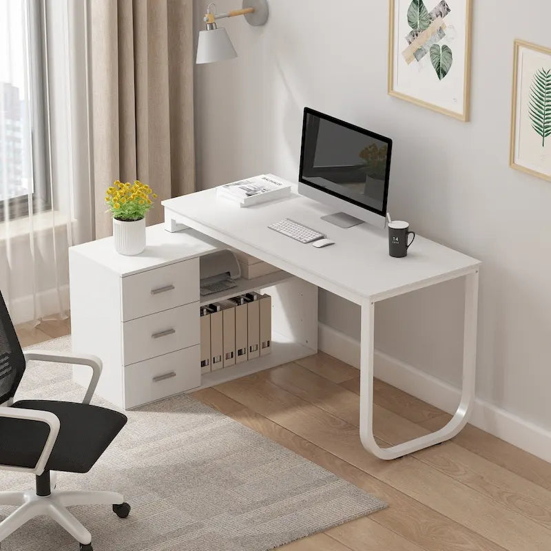 Scrivania a L per computer da 55" con cassetti – Rovere / Grigio marrone / Marrone scuro / Nero / Bianco, 1 persona