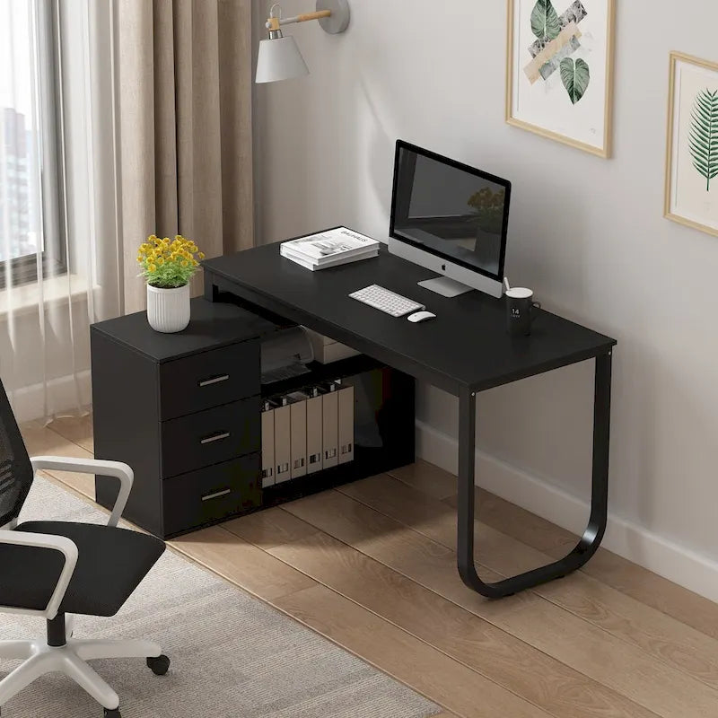 Scrivania a L per computer da 55" con cassetti – Rovere / Grigio marrone / Marrone scuro / Nero / Bianco, 1 persona