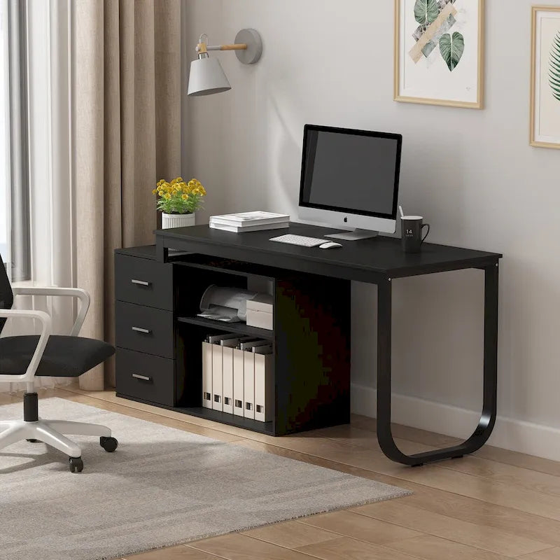 Scrivania a L per computer da 55" con cassetti – Rovere / Grigio marrone / Marrone scuro / Nero / Bianco, 1 persona