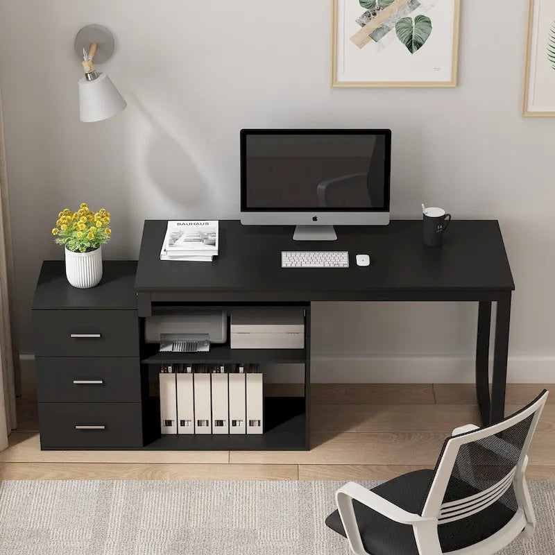 Scrivania a L per computer da 55" con cassetti – Rovere / Grigio marrone / Marrone scuro / Nero / Bianco, 1 persona