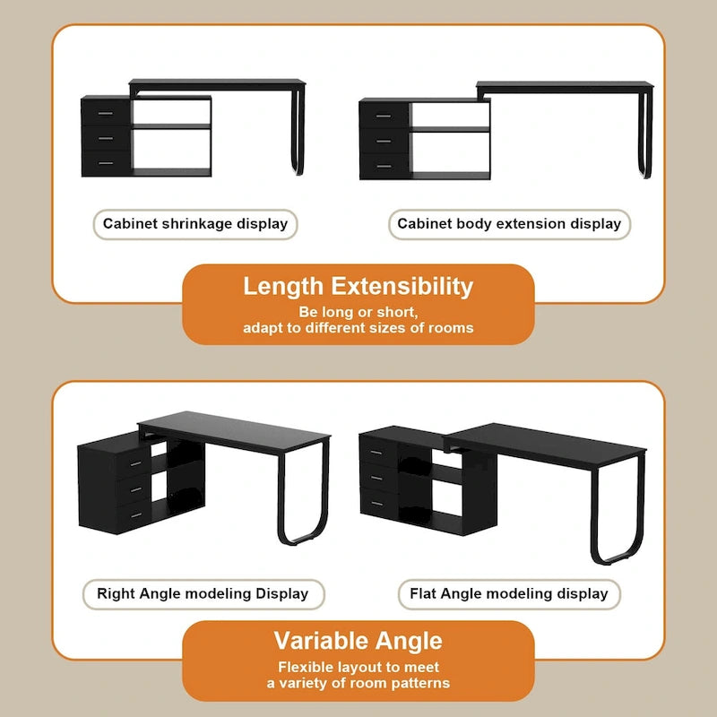 Scrivania a L per computer da 55" con cassetti – Rovere / Grigio marrone / Marrone scuro / Nero / Bianco, 1 persona
