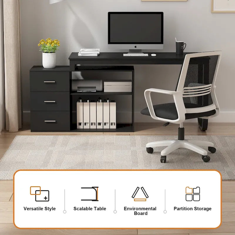 Scrivania a L per computer da 55" con cassetti – Rovere / Grigio marrone / Marrone scuro / Nero / Bianco, 1 persona