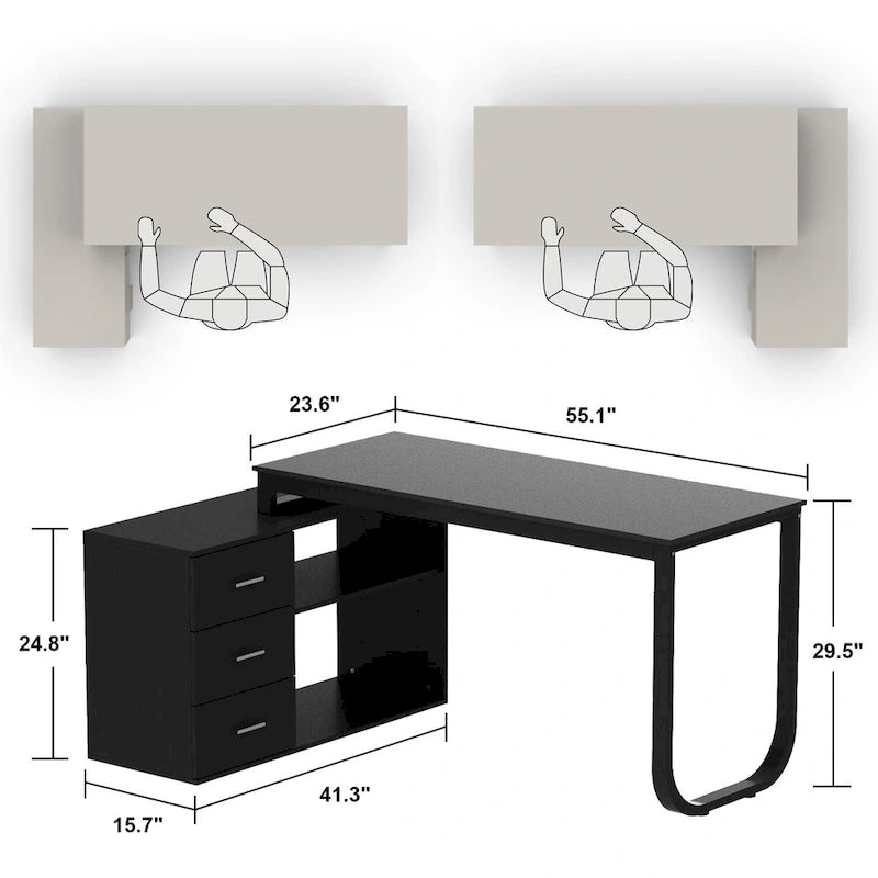 Scrivania a L per computer da 55" con cassetti – Rovere / Grigio marrone / Marrone scuro / Nero / Bianco, 1 persona