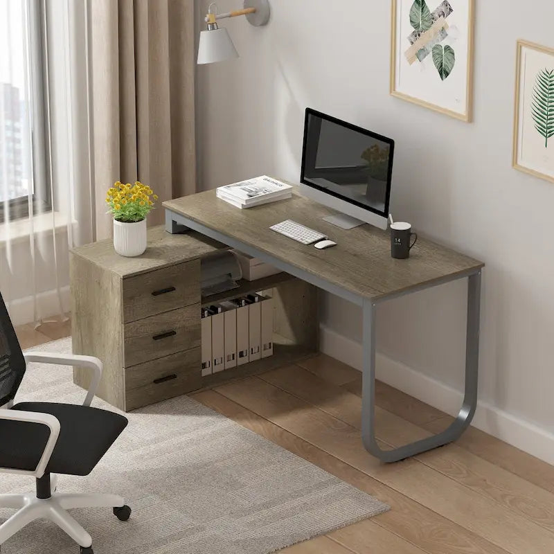 Scrivania a L per computer da 55" con cassetti – Rovere / Grigio marrone / Marrone scuro / Nero / Bianco, 1 persona