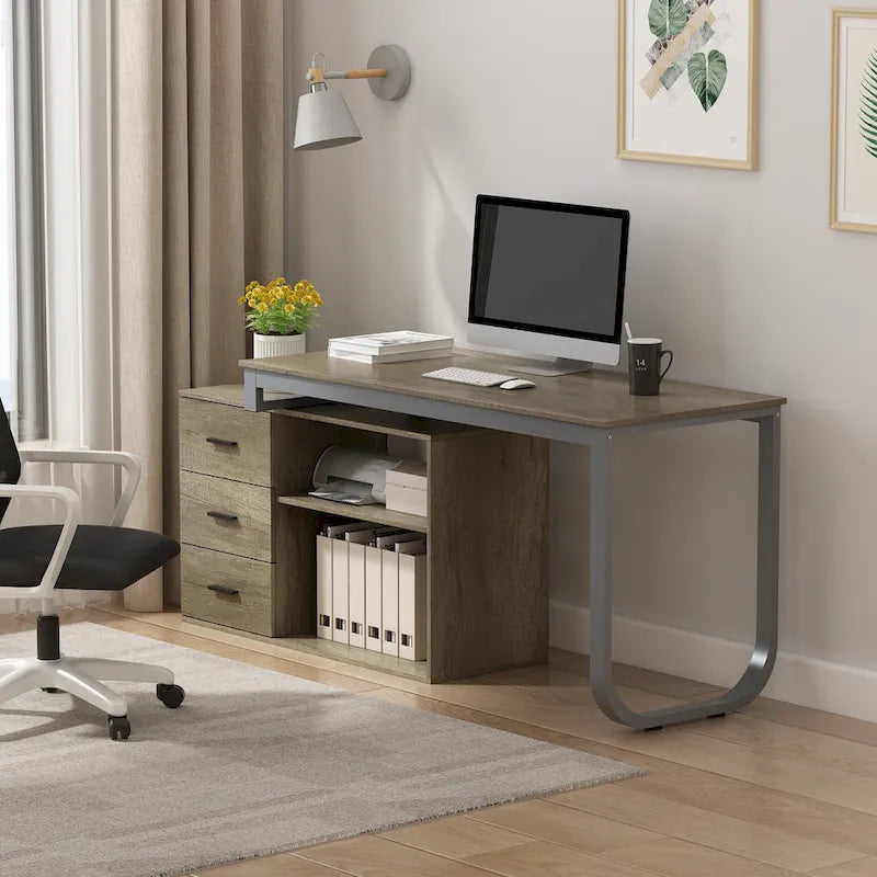 Scrivania a L per computer da 55" con cassetti – Rovere / Grigio marrone / Marrone scuro / Nero / Bianco, 1 persona