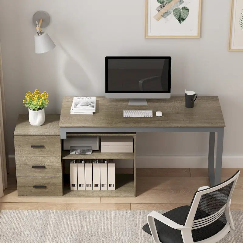 Scrivania a L per computer da 55" con cassetti – Rovere / Grigio marrone / Marrone scuro / Nero / Bianco, 1 persona