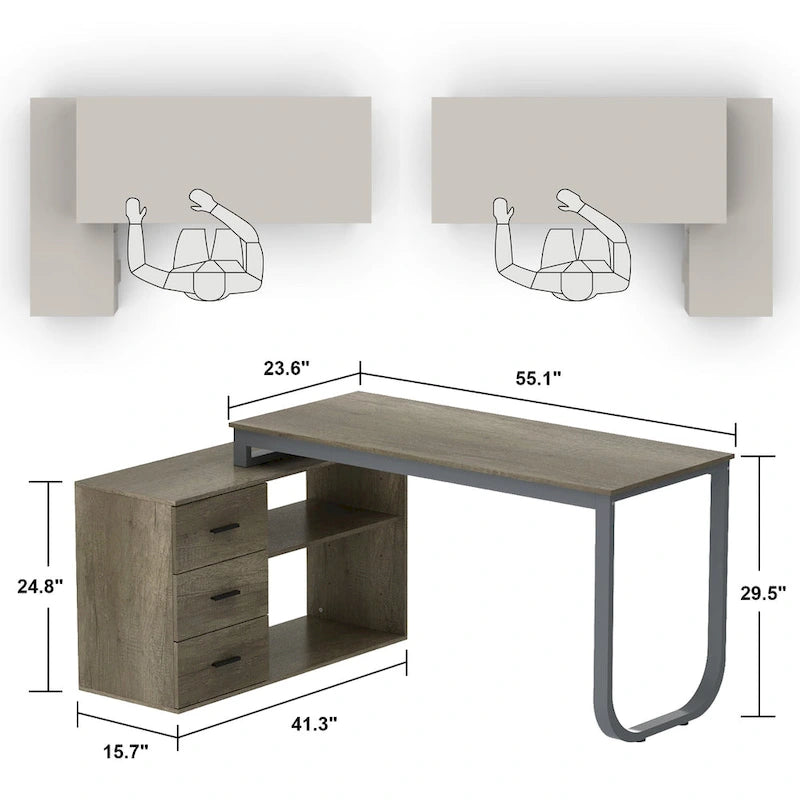 Scrivania a L per computer da 55" con cassetti – Rovere / Grigio marrone / Marrone scuro / Nero / Bianco, 1 persona