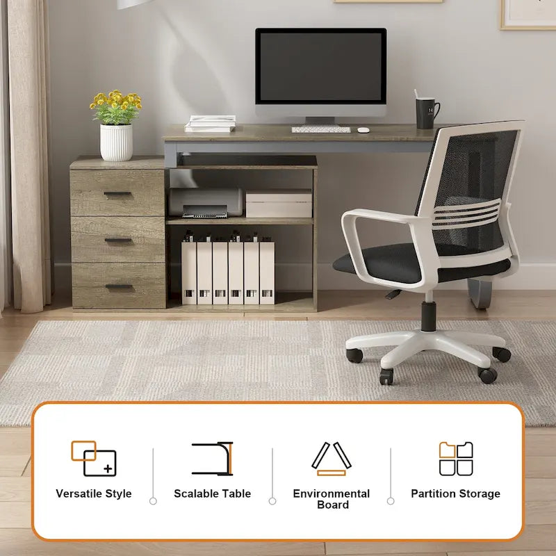 Scrivania a L per computer da 55" con cassetti – Rovere / Grigio marrone / Marrone scuro / Nero / Bianco, 1 persona