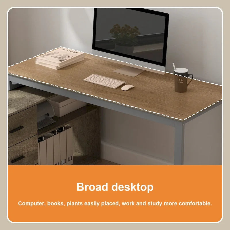 Scrivania a L per computer da 55" con cassetti – Rovere / Grigio marrone / Marrone scuro / Nero / Bianco, 1 persona