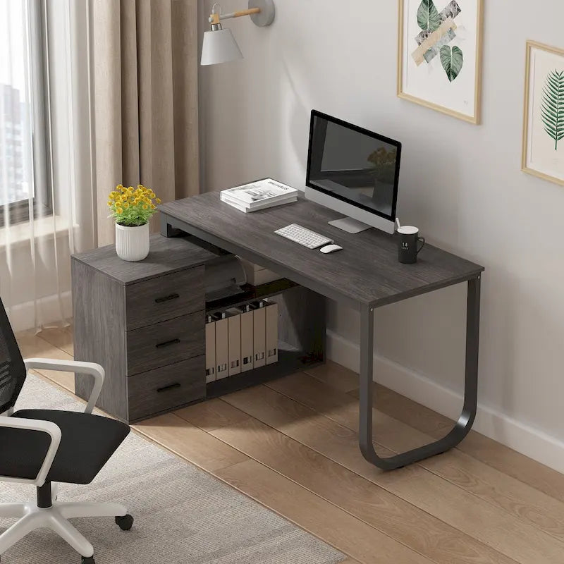 Scrivania a L per computer da 55" con cassetti – Rovere / Grigio marrone / Marrone scuro / Nero / Bianco, 1 persona
