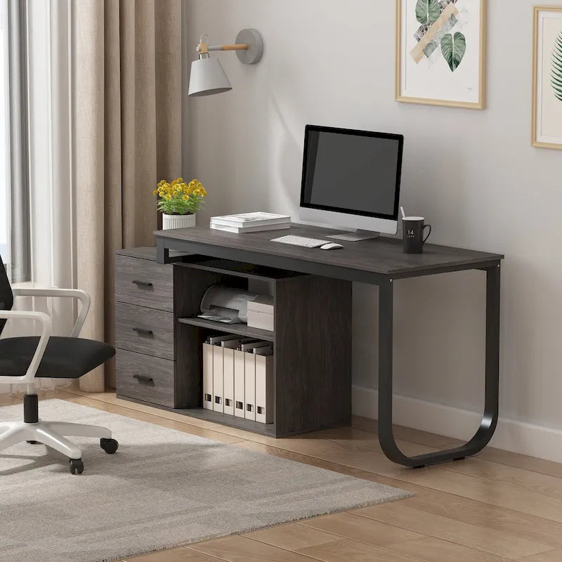 Scrivania a L per computer da 55" con cassetti – Rovere / Grigio marrone / Marrone scuro / Nero / Bianco, 1 persona
