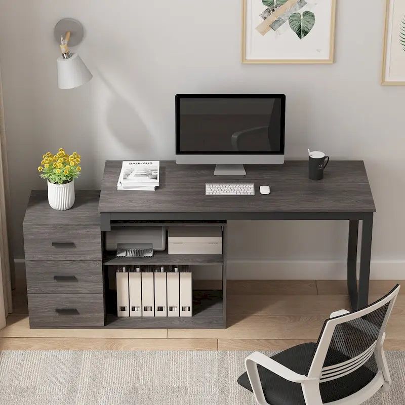 Scrivania a L per computer da 55" con cassetti – Rovere / Grigio marrone / Marrone scuro / Nero / Bianco, 1 persona