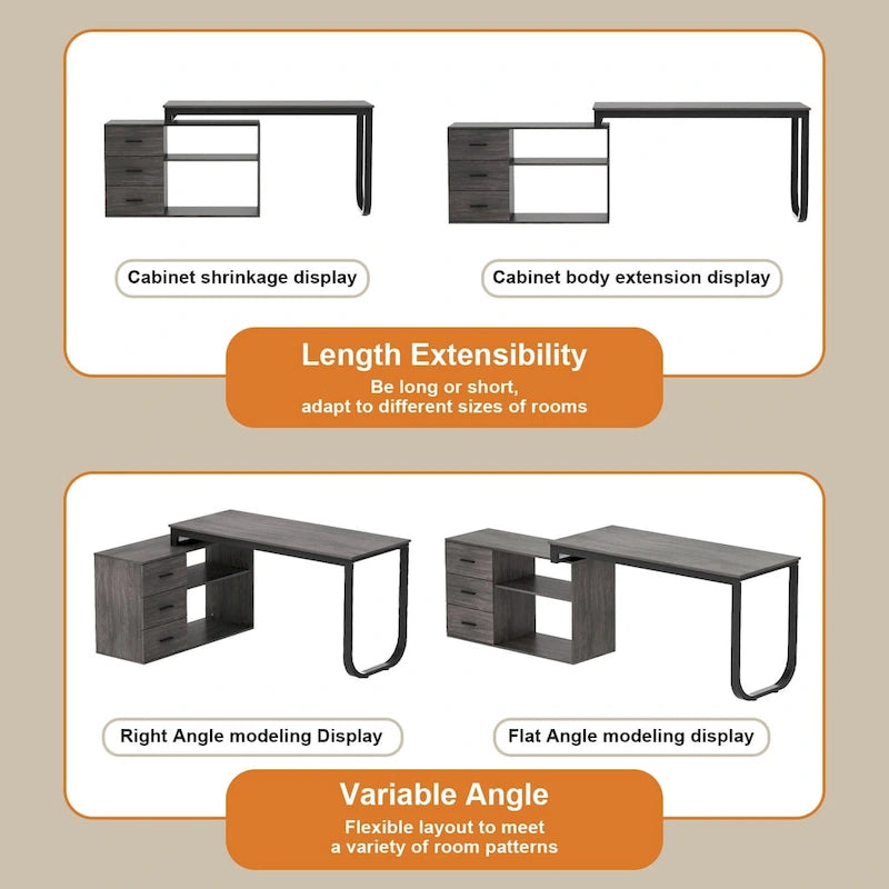 Scrivania a L per computer da 55" con cassetti – Rovere / Grigio marrone / Marrone scuro / Nero / Bianco, 1 persona