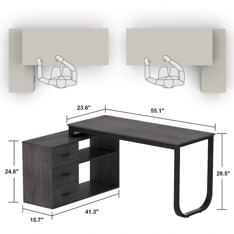 Scrivania a L per computer da 55" con cassetti – Rovere / Grigio marrone / Marrone scuro / Nero / Bianco, 1 persona