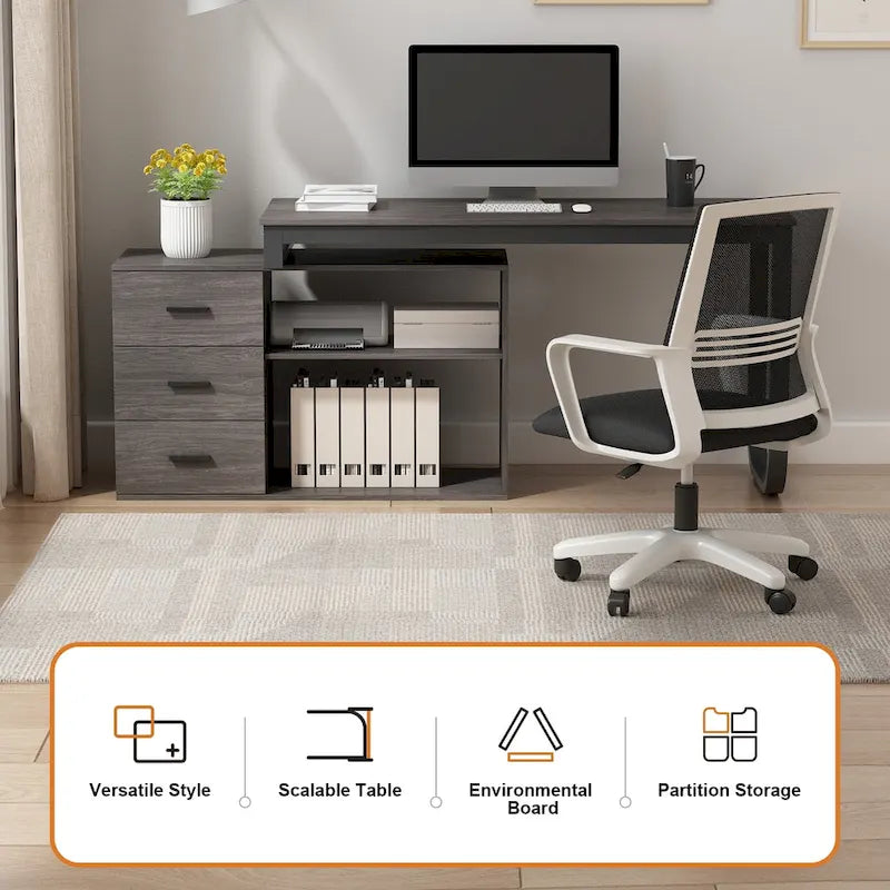 Scrivania a L per computer da 55" con cassetti – Rovere / Grigio marrone / Marrone scuro / Nero / Bianco, 1 persona