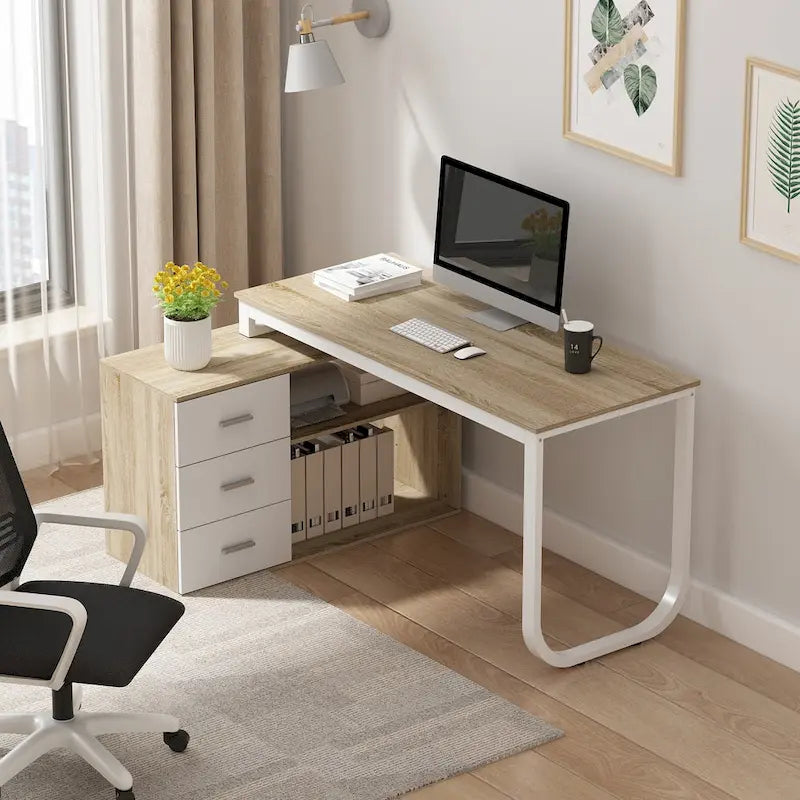 Scrivania a L per computer da 55" con cassetti – Rovere / Grigio marrone / Marrone scuro / Nero / Bianco, 1 persona