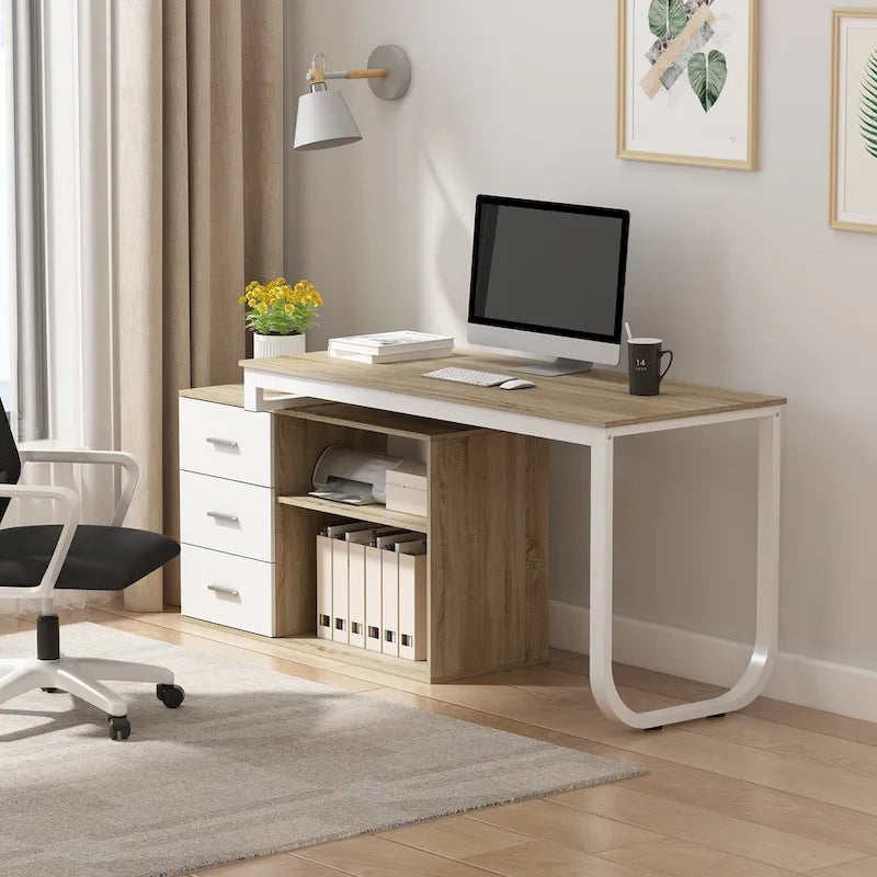 Scrivania a L per computer da 55" con cassetti – Rovere / Grigio marrone / Marrone scuro / Nero / Bianco, 1 persona