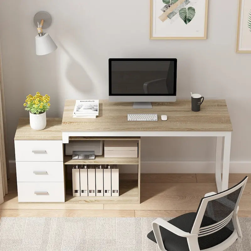 Scrivania a L per computer da 55" con cassetti – Rovere / Grigio marrone / Marrone scuro / Nero / Bianco, 1 persona