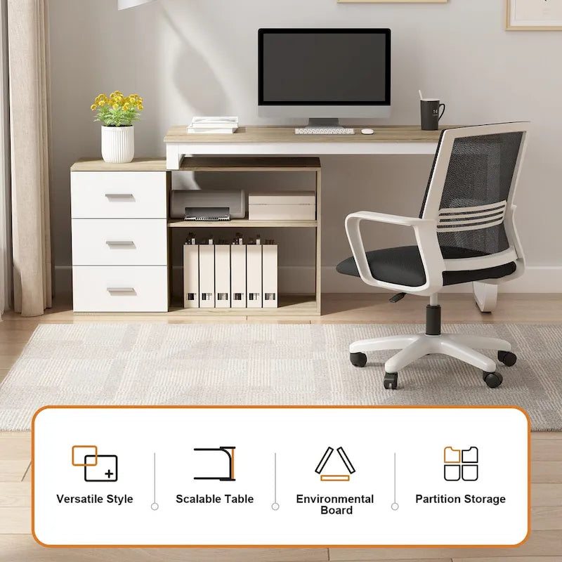 Scrivania a L per computer da 55" con cassetti – Rovere / Grigio marrone / Marrone scuro / Nero / Bianco, 1 persona