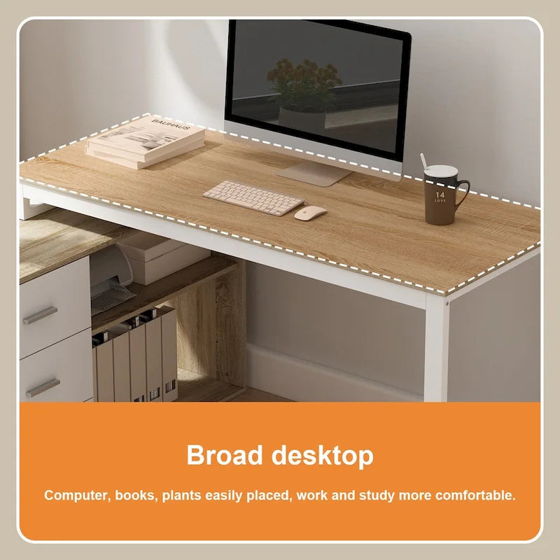 Scrivania a L per computer da 55" con cassetti – Rovere / Grigio marrone / Marrone scuro / Nero / Bianco, 1 persona