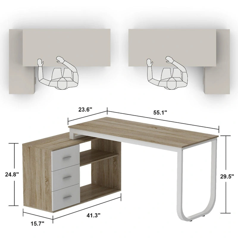 Scrivania a L per computer da 55" con cassetti – Rovere / Grigio marrone / Marrone scuro / Nero / Bianco, 1 persona