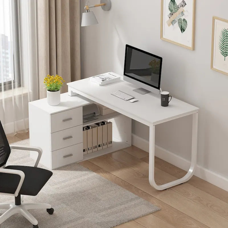 Scrivania a L per computer da 55" con cassetti – Rovere / Grigio marrone / Marrone scuro / Nero / Bianco, 1 persona