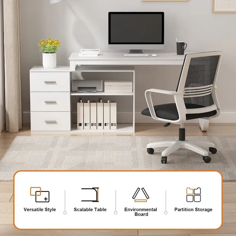 Scrivania a L per computer da 55" con cassetti – Rovere / Grigio marrone / Marrone scuro / Nero / Bianco, 1 persona